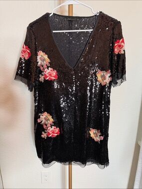 Zara Sequin V-Neck Floral Embroidery Women's Dress
